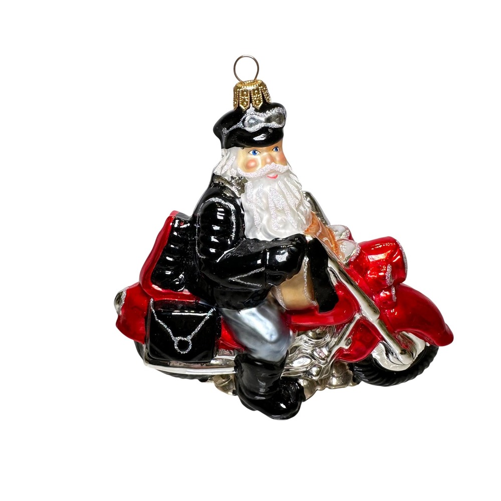 Biker Santa Claus Motorcycle Poland Blown Glass Christmas Ornament Glitter Lrge
